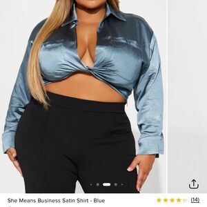 Fashion Nova Satin Twist Crop Shirt - Steel Blue